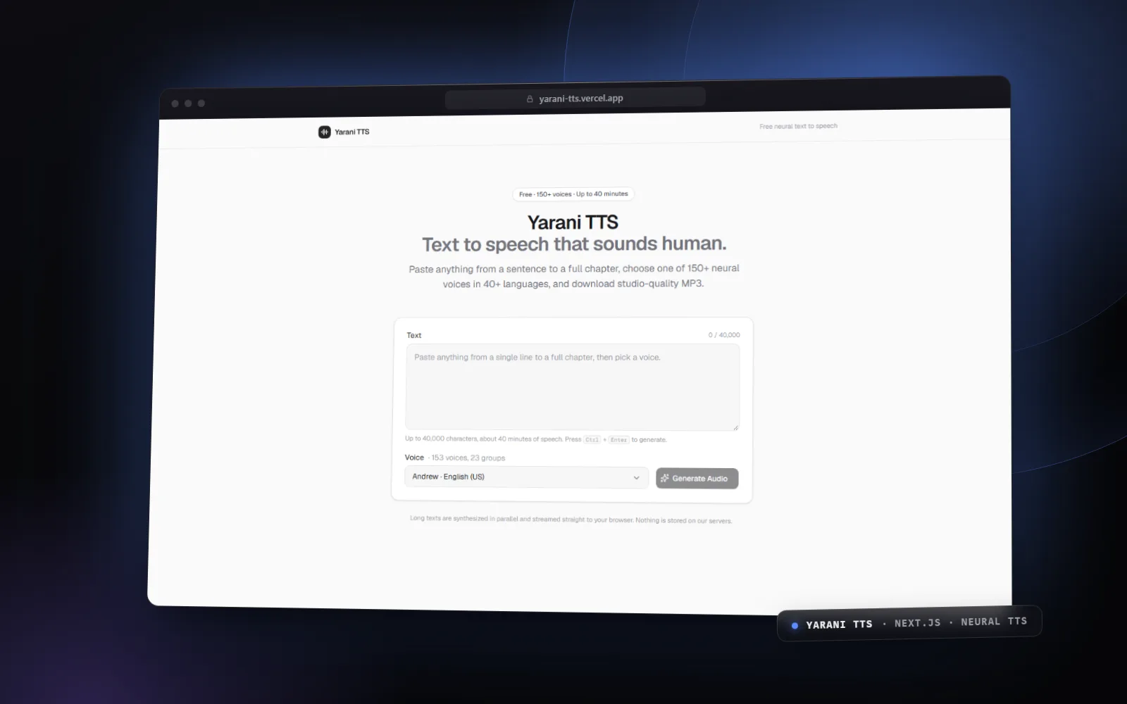 Yarani TTS — website screenshot